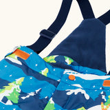Frugi kids snow and ski salopettes in starry slopes showing the removable  dark navy shoulder strap matching fleece back panel 