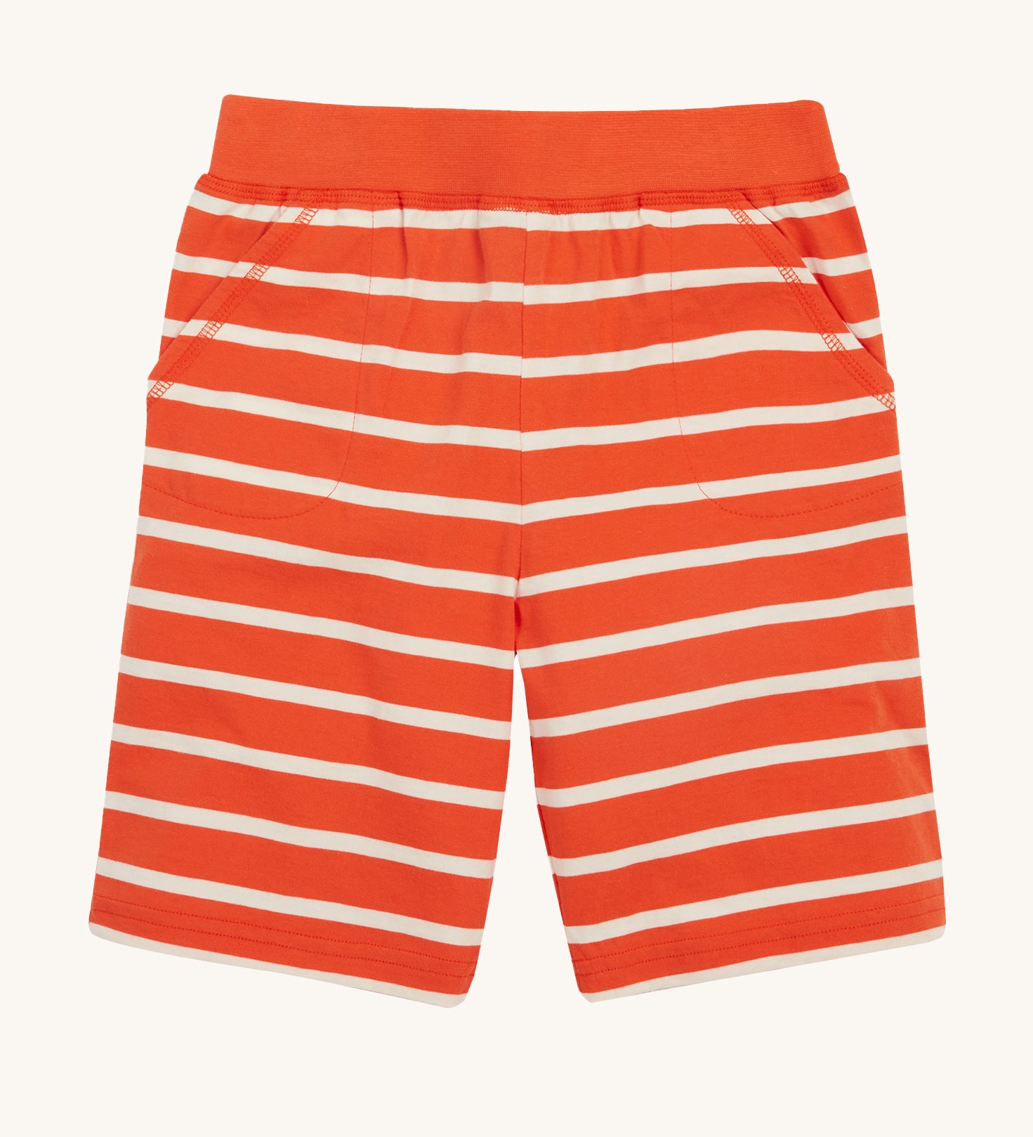 Frugi Stithian Shorts in Tiger Orange Breton laid flat, featuring two front pockets.