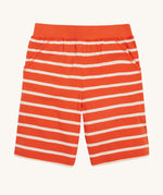 Frugi Stithian Shorts in Tiger Orange Breton laid flat, featuring two front pockets.