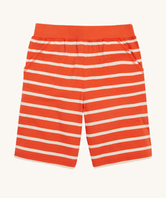 Frugi Stithian Shorts in Tiger Orange Breton laid flat, featuring two front pockets.