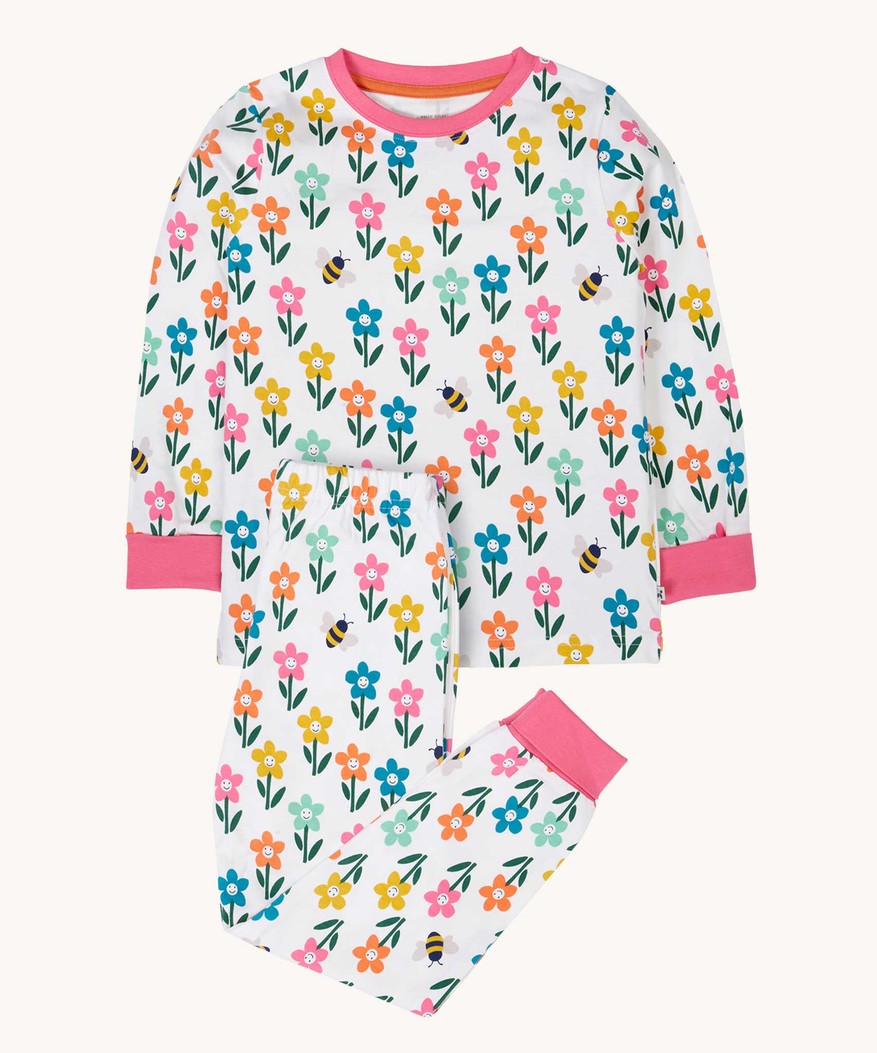 Frugi Sundown organic cotton white fun flowers children's pyjamas. 