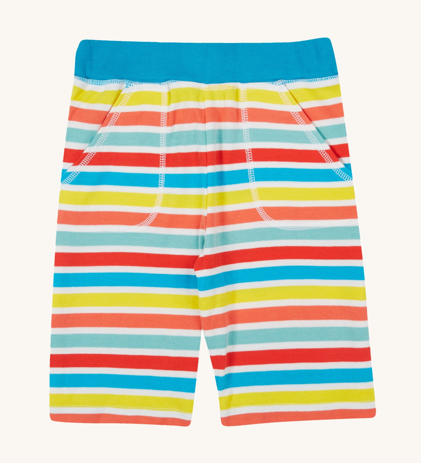 Frugi Sunny Shorts in a Sea Rainbow Stripe print, laid flat, featuring two front pockets.