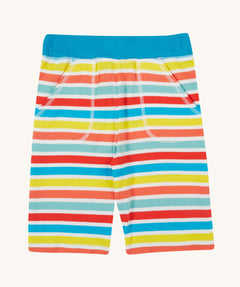 Frugi Sunny Shorts in a Sea Rainbow Stripe print, laid flat, featuring two front pockets.