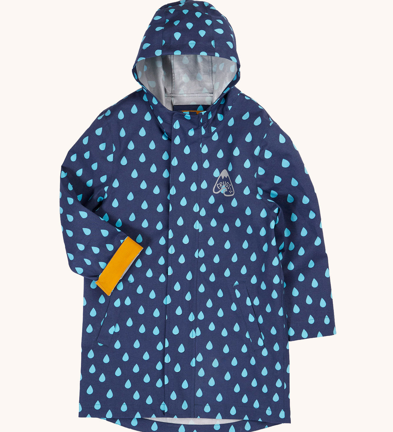Frugi navy longline child's mac rain jacket with light blue raindrop print all over. Reflective logo chest print detail, yellow contrast turn-up cuffs,
back dipped hem and welted front pockets.