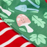 A super  close up view of the set of two Frugi organic cotton super special long sleeved organic cotton baby vests. The organic cotton vest has one striped vest and one fun guys design vest. 