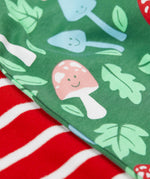A super  close up view of the set of two Frugi organic cotton super special long sleeved organic cotton baby vests. The organic cotton vest has one striped vest and one fun guys design vest. 