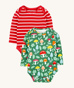 A set of two Frugi organic cotton super special long sleeved organic cotton baby vests. One of the vests feature a red and white striped design the other has an all over fun-guys mushroom themed print. 