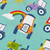 Close up of the terrific tractors print on one of the vest from the Frugi super special 2 Pack long sleeves baby body.