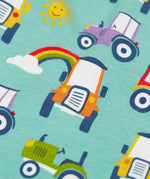 Close up of the terrific tractors print on one of the vest from the Frugi super special 2 Pack long sleeves baby body.