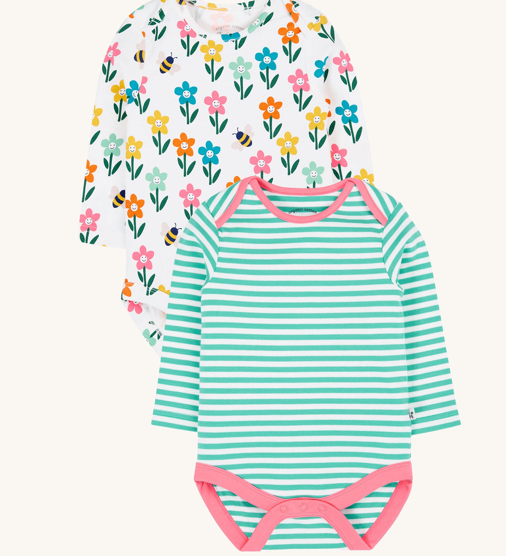 A set of two Frugi super special long sleeved baby vests. One has a turquoise blue and white striped design and the other has a happy flowers all over print on a white background.