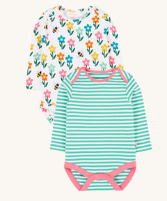 A set of two Frugi super special long sleeved baby vests. One has a turquoise blue and white striped design and the other has a happy flowers all over print on a white background.