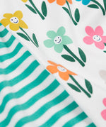A super close up view of a set of two Frugi super special long sleeved organic cotton baby vests. One vest features the happy flowers print and the other has a turquoise and white striped design. 