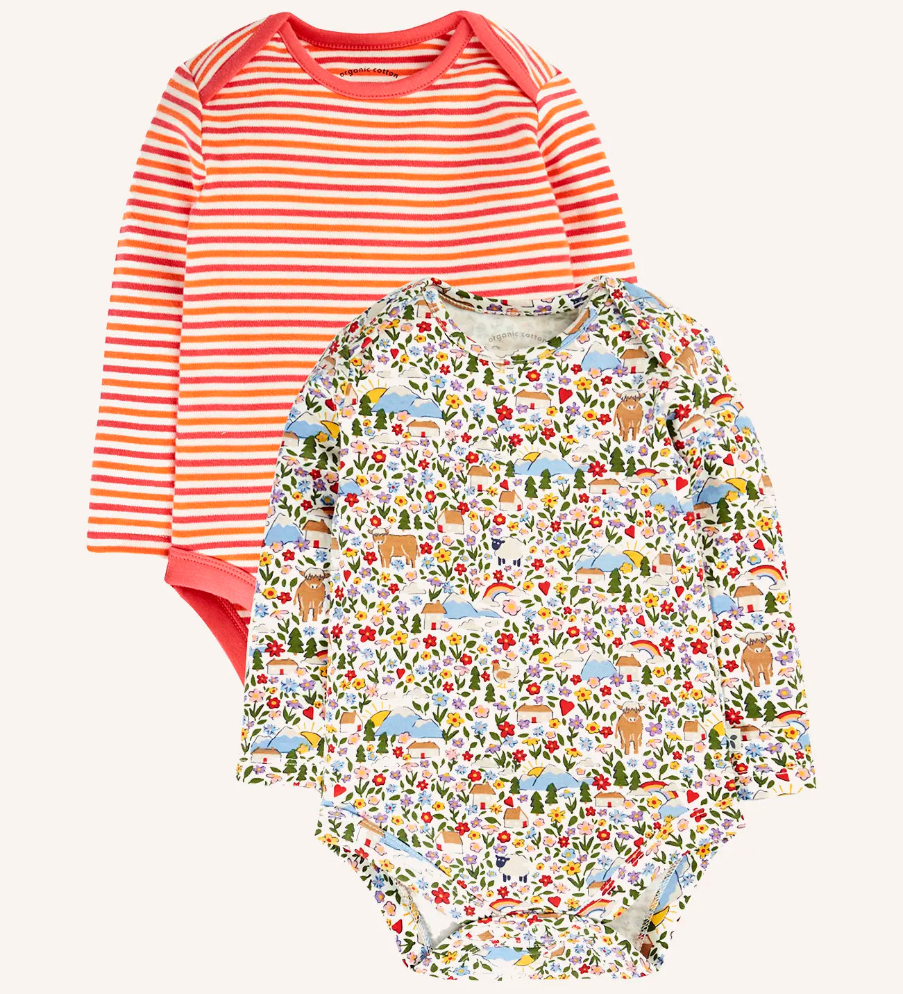 Frugi super special 2 Pack long sleeved organic cotton baby body. One has a pink, orange and white stripe, the other had an all over highland fields print. 