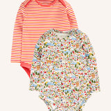 Frugi super special 2 Pack long sleeved organic cotton baby body. One has a pink, orange and white stripe, the other had an all over highland fields print. 
