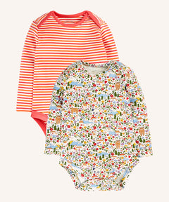 Frugi super special 2 Pack long sleeved organic cotton baby body. One has a pink, orange and white stripe, the other had an all over highland fields print. 