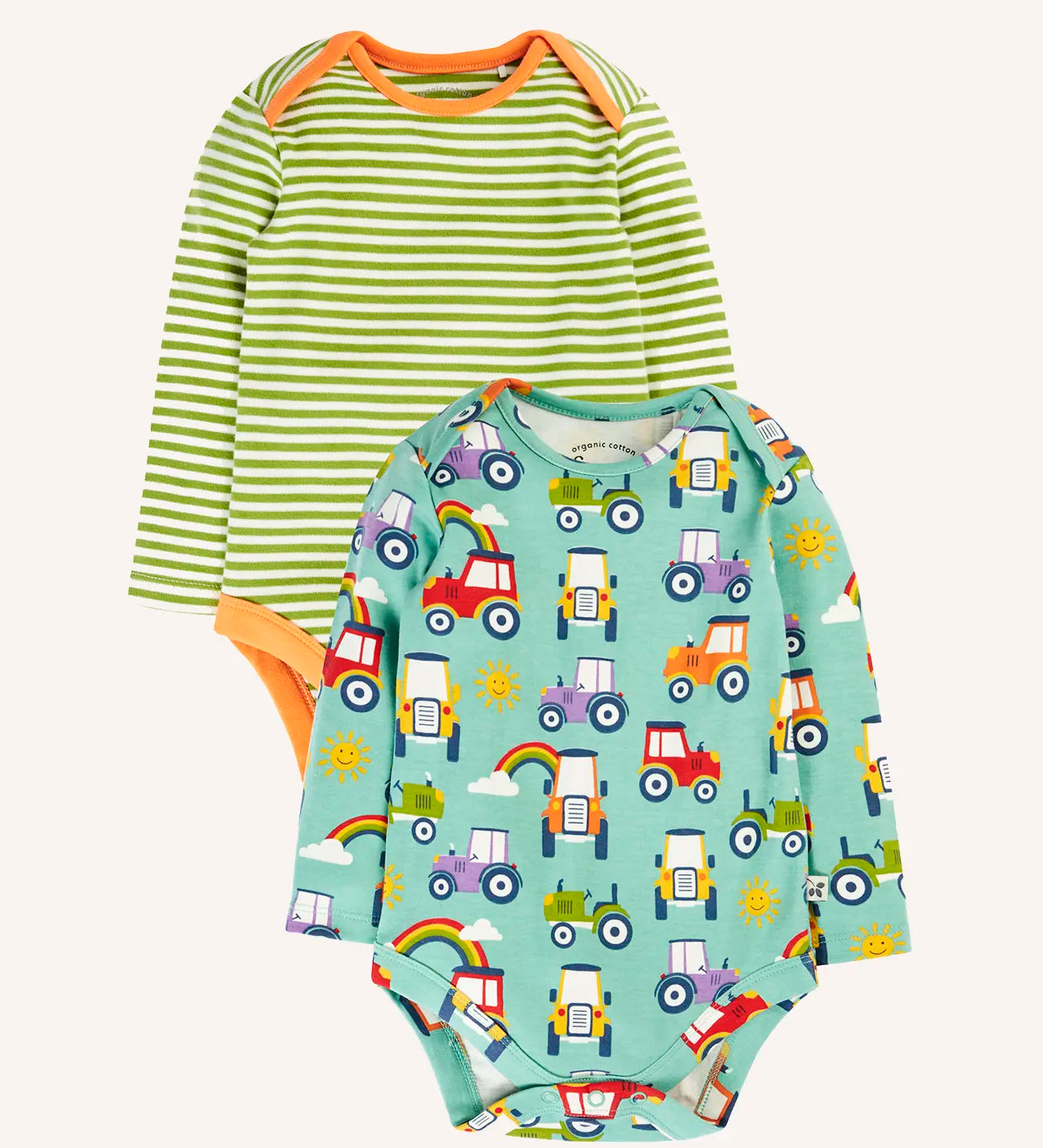 Frugi super special 2 Pack long sleeves baby body. One has a light green and white , one has an all over terrific tractors print.