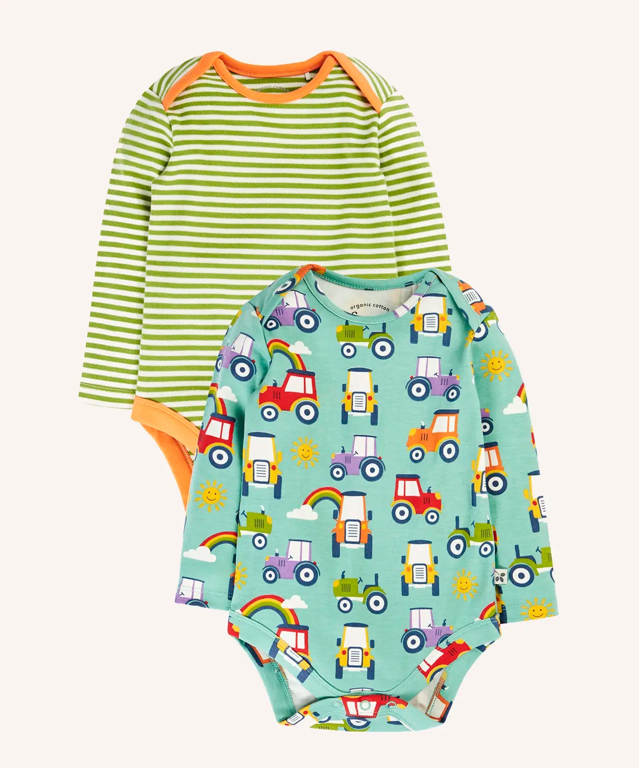 Frugi super special 2 Pack long sleeves baby body. One has a light green and white , one has an all over terrific tractors print.