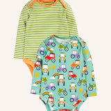 Frugi super special 2 Pack long sleeves baby body. One has a light green and white , one has an all over terrific tractors print.