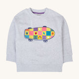 A Frugi Superb Stitched Skateboard sweatshirt. The front of the grey coloured child's jumper has an embroidered skateboard with checkerboard design.