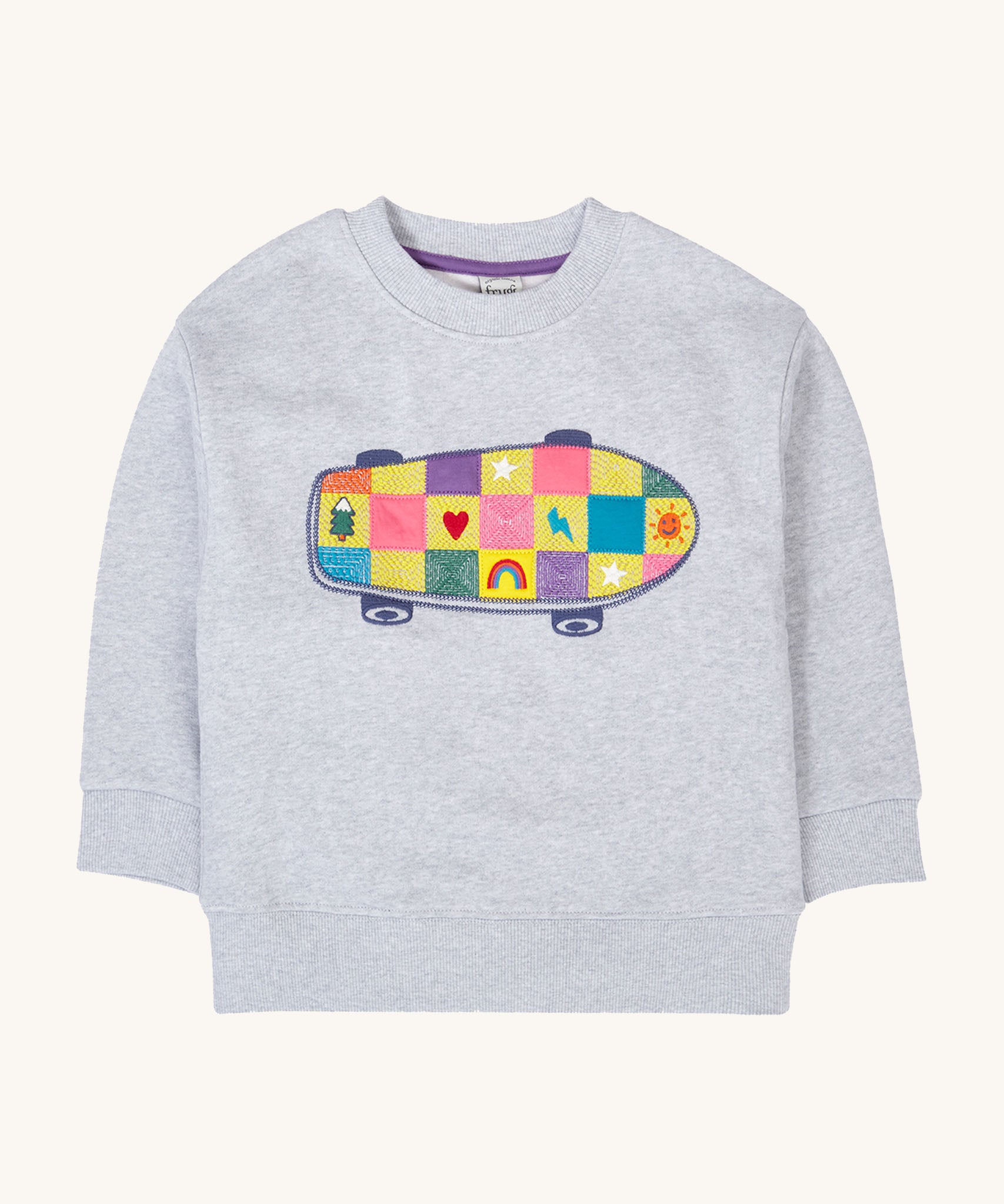 A Frugi Superb Stitched Skateboard sweatshirt. The front of the grey coloured child's jumper has an embroidered skateboard with checkerboard design.