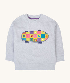 A Frugi Superb Stitched Skateboard sweatshirt. The front of the grey coloured child's jumper has an embroidered skateboard with checkerboard design.