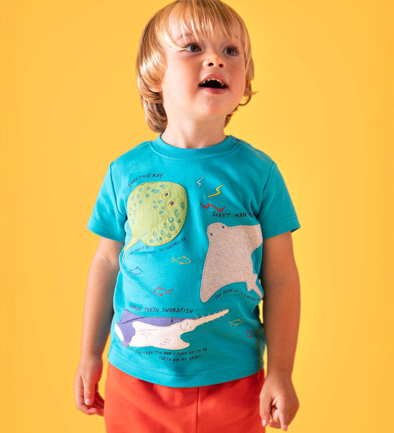 A child with blonde hair standing up wearing a Frugi turquoise blue short sleeved t-shirt with three sea creature appliques on the front with orange coloured shorts. There are two sting rays and a swordfish.