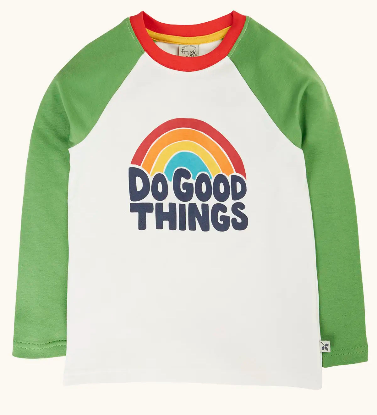 Frugi tamar raglan long sleeve top in soft white with green sleeves and a rainbow do good things graphic design on the front.