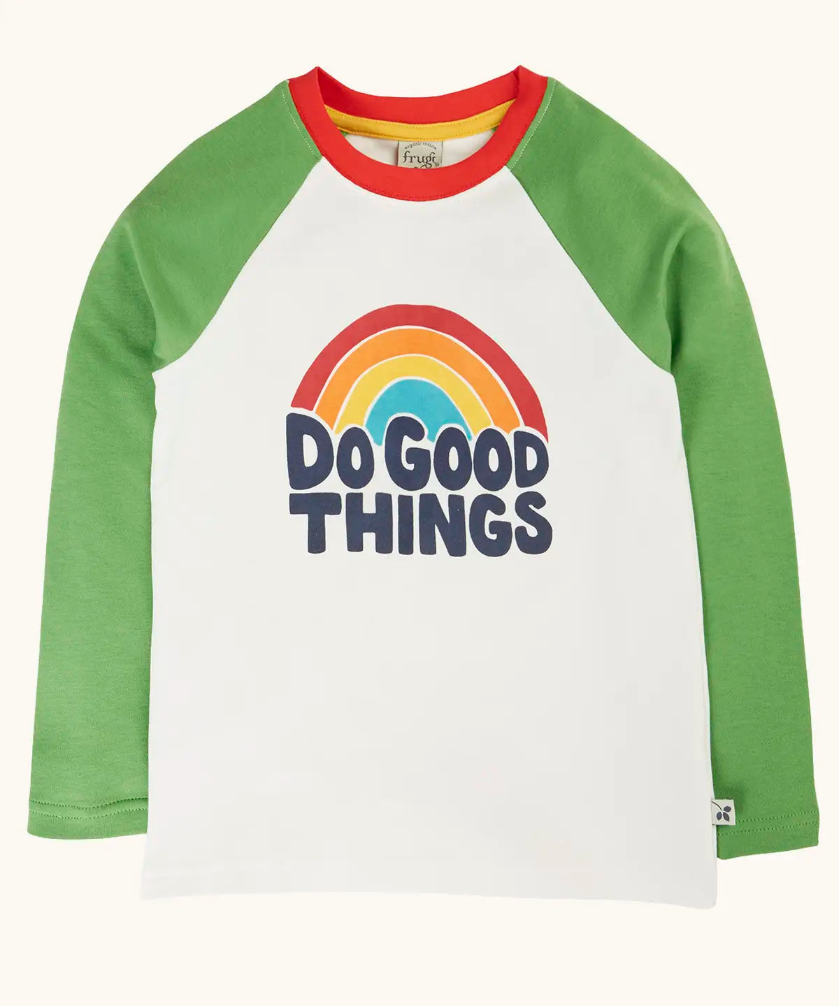 Frugi tamar raglan long sleeve top in soft white with green sleeves and a rainbow do good things graphic design on the front.