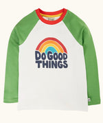 Frugi tamar raglan long sleeve top in soft white with green sleeves and a rainbow do good things graphic design on the front.