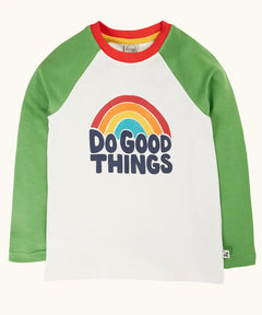 Frugi tamar raglan long sleeve top in soft white with green sleeves and a rainbow do good things graphic design on the front.