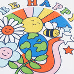 A close up of the graphic design on the Frugi Tamar Raglan Top - White with Be Happy. 