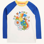 Frugi Tamar Raglan Top - White with Be Happy design pictured on a plain background.