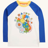 Frugi Tamar Raglan Top - White with Be Happy design pictured on a plain background.
