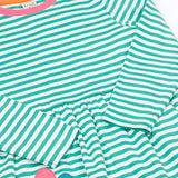 A close up of the Frugi kids tammy dress in dragon stripes/flowers showing the long sleeve and pink trim detail on striped organic cotton fabric.