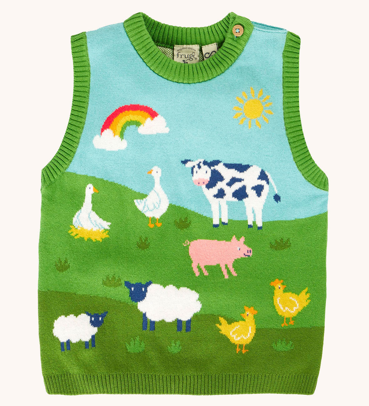 Frugi Organic Cotton Knitted Tank Top with a Farmyard design featuring geese, cow, pig, hens and sheep on grass covered hills with a rainbow and sun in the sky. 