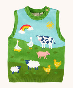 Frugi Organic Cotton Knitted Tank Top with a Farmyard design featuring geese, cow, pig, hens and sheep on grass covered hills with a rainbow and sun in the sky. 