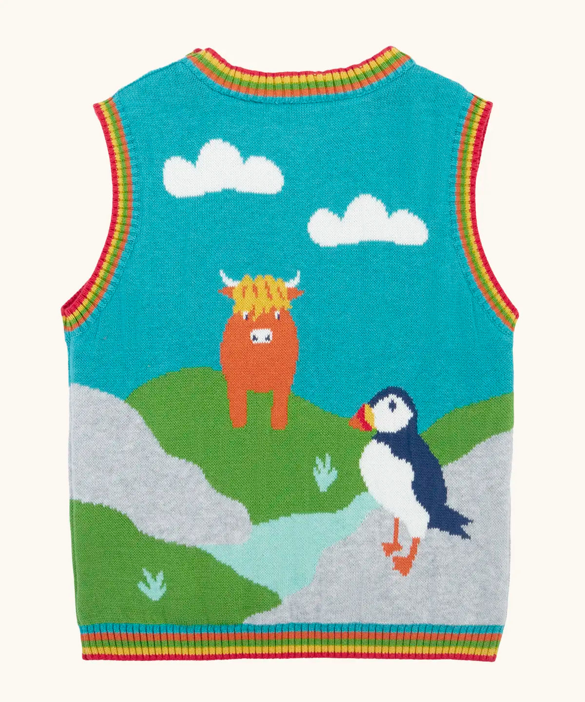 Back of theFrugi Tavi knitted tank top with a highland scenes design featuring a highland coo cow and puffin.
