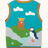 Back of theFrugi Tavi knitted tank top with a highland scenes design featuring a highland coo cow and puffin.