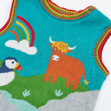 Close up of the rainbow stripes neckline and arm holes on the Frugi Tavi knitted tank top with a highland scenes design.
