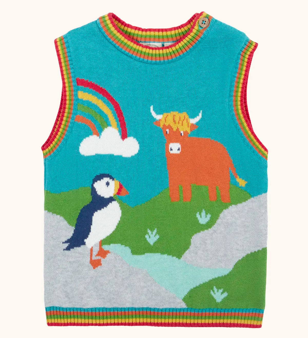 Frugi Tavi knitted tank top with a highland scenes design featuring a highland coo cow, rainbow and puffin with rainbow stripe neckline, arm holes and bottom hem.