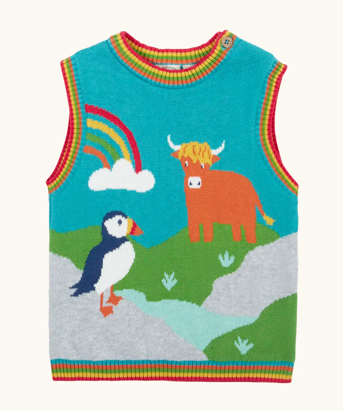 Frugi Tavi knitted tank top with a highland scenes design featuring a highland coo cow, rainbow and puffin with rainbow stripe neckline, arm holes and bottom hem.