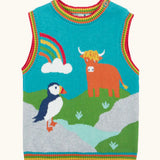 Frugi Tavi knitted tank top with a highland scenes design featuring a highland coo cow, rainbow and puffin with rainbow stripe neckline, arm holes and bottom hem.