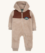 Frugi kids ted cord snuggle suit available at Babipur. A cream teddy fleece style all in one hooded suit. Features a full length zip and brown cord panel on the top