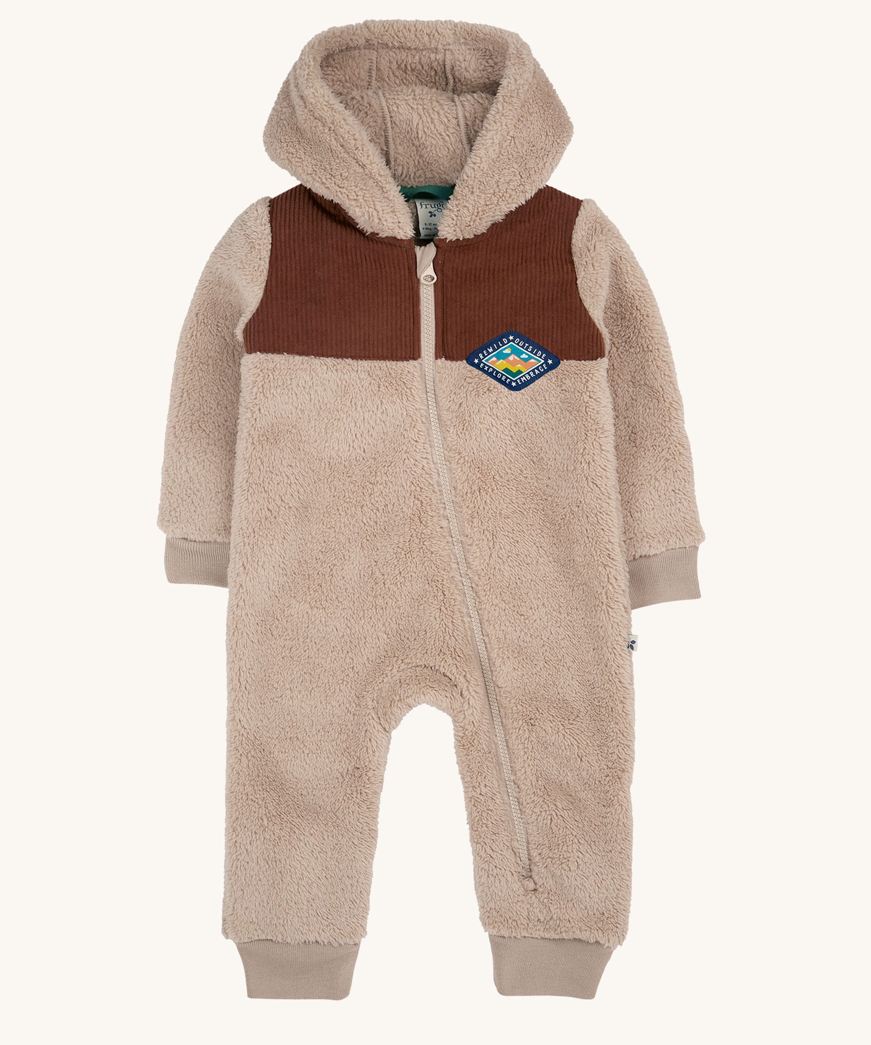 Frugi kids ted cord snuggle suit available at Babipur. A cream teddy fleece style all in one hooded suit. Features a full length zip and brown cord panel on the top