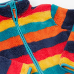 A close up of the Frugi Autumn stripe ted stripe fleece showing the light blue trim and turn up collar