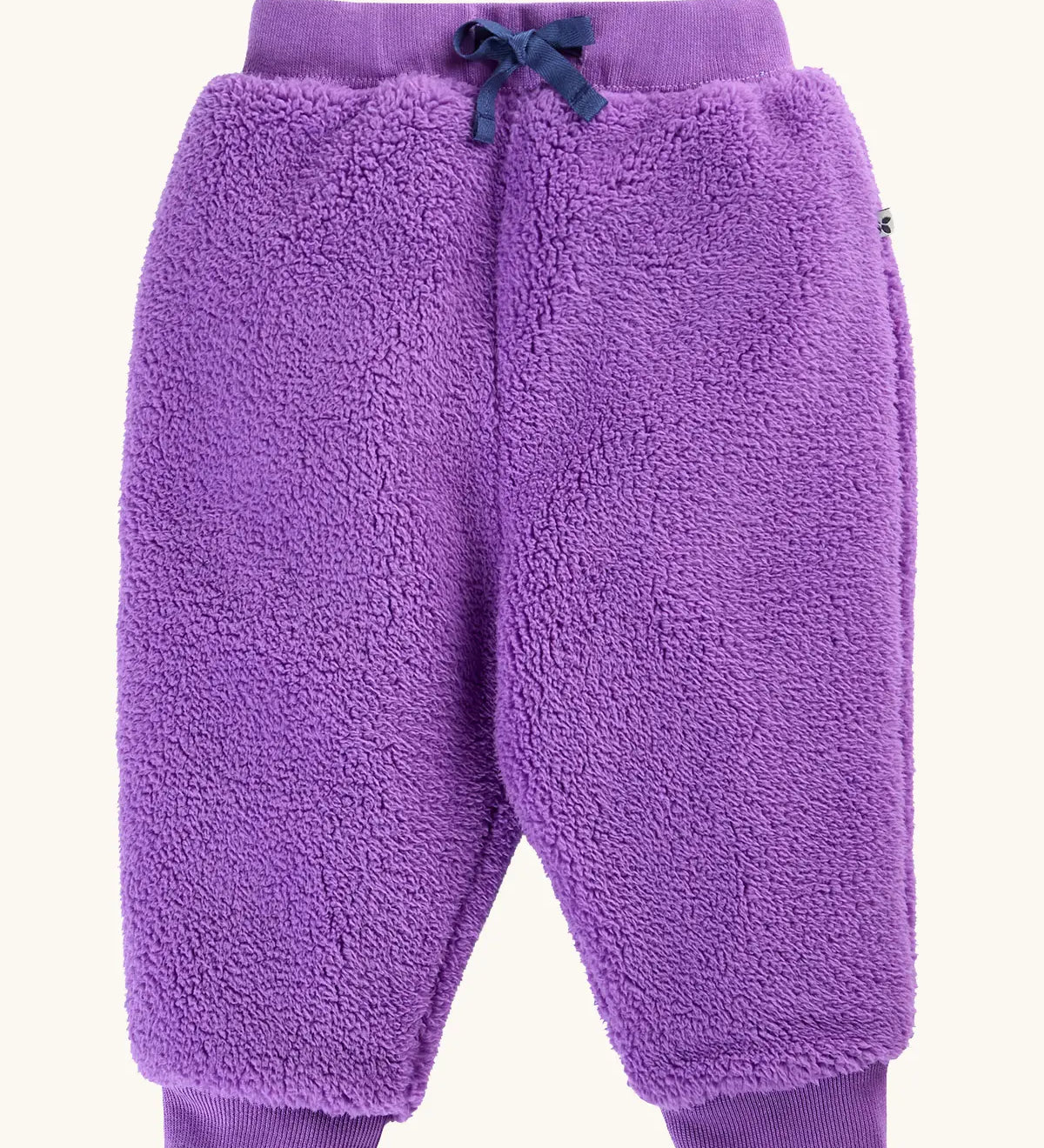 Frugi Purple fleece jogger pants with a matching elastic waistband and dark blue drawstring.