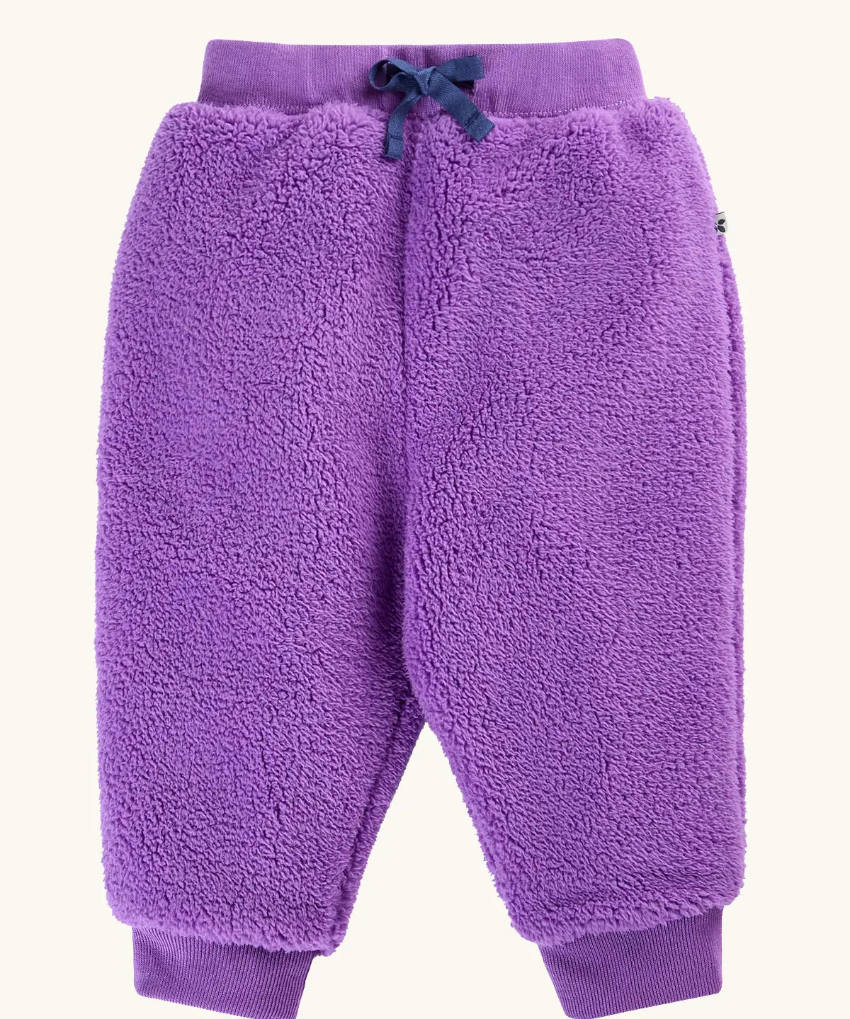 Frugi Purple fleece jogger pants with a matching elastic waistband and dark blue drawstring.