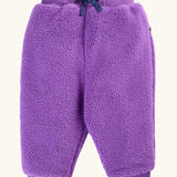 Frugi Purple fleece jogger pants with a matching elastic waistband and dark blue drawstring.