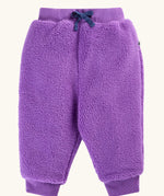 Frugi Purple fleece jogger pants with a matching elastic waistband and dark blue drawstring.