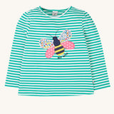 Frugi Theresa top with dragon green coloured stripe and bee design.